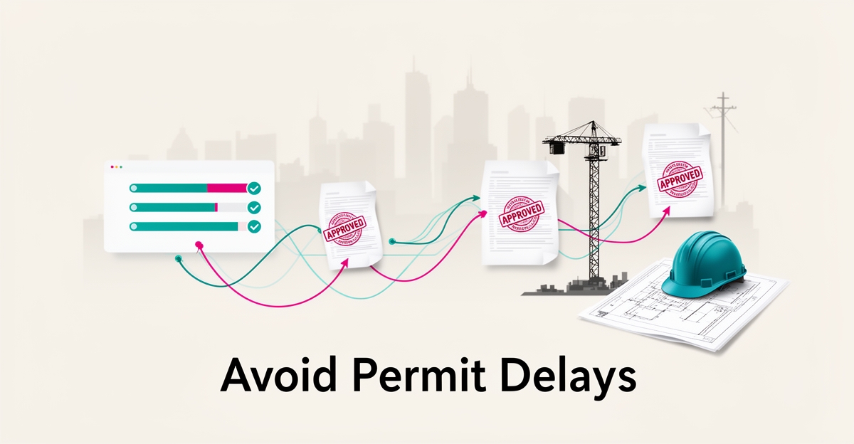 Flat illustration of AI-powered permit tracking dashboard linked to city skyline and construction elements with headline Avoid Permit Delays.