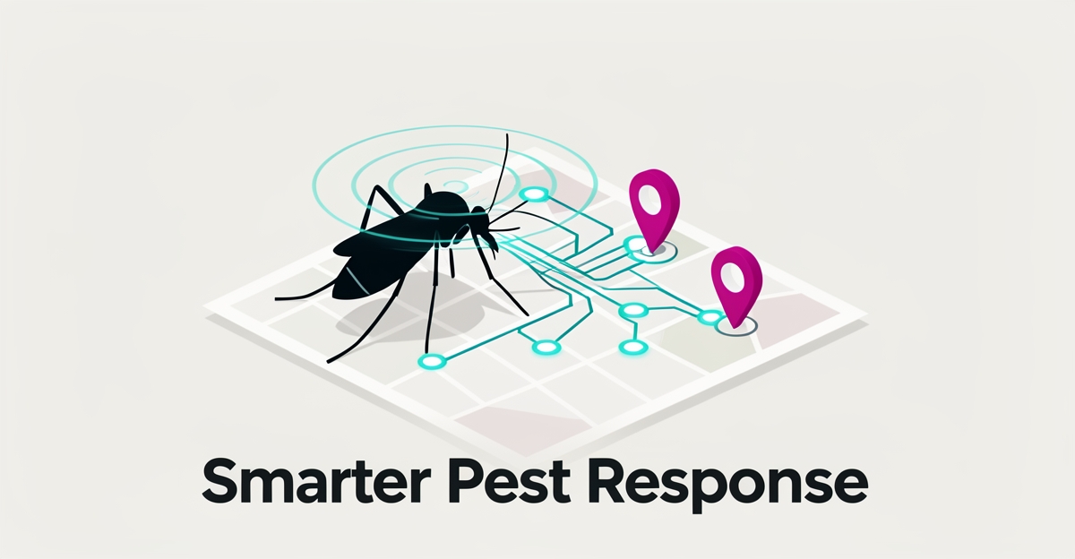 Flat illustration of a mosquito detected by an AI radar grid routing alerts to map pins in teal and magenta.