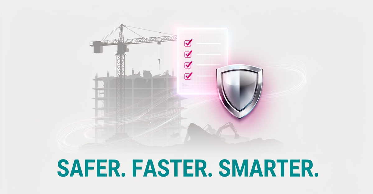 Flat illustration of a demolition site with digital safety checklist, shield, and data streams in teal and magenta, headline reading Safer Faster Smarter.