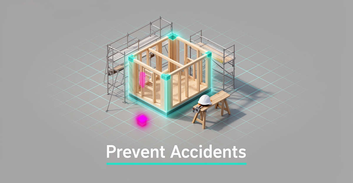Flat illustration of a tiny home construction site with an AI hazard-detection scan overlay in teal and magenta, headlined Prevent Accidents.