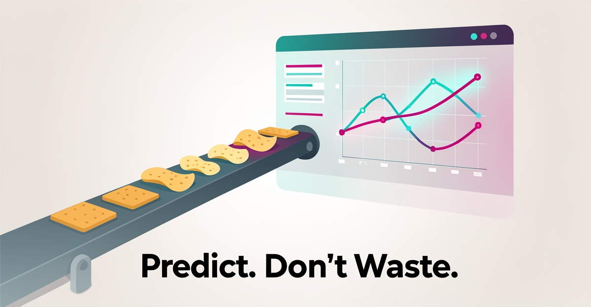 Flat illustration of AI forecasting snack ingredient demand with predictive charts, reducing waste in manufacturing.