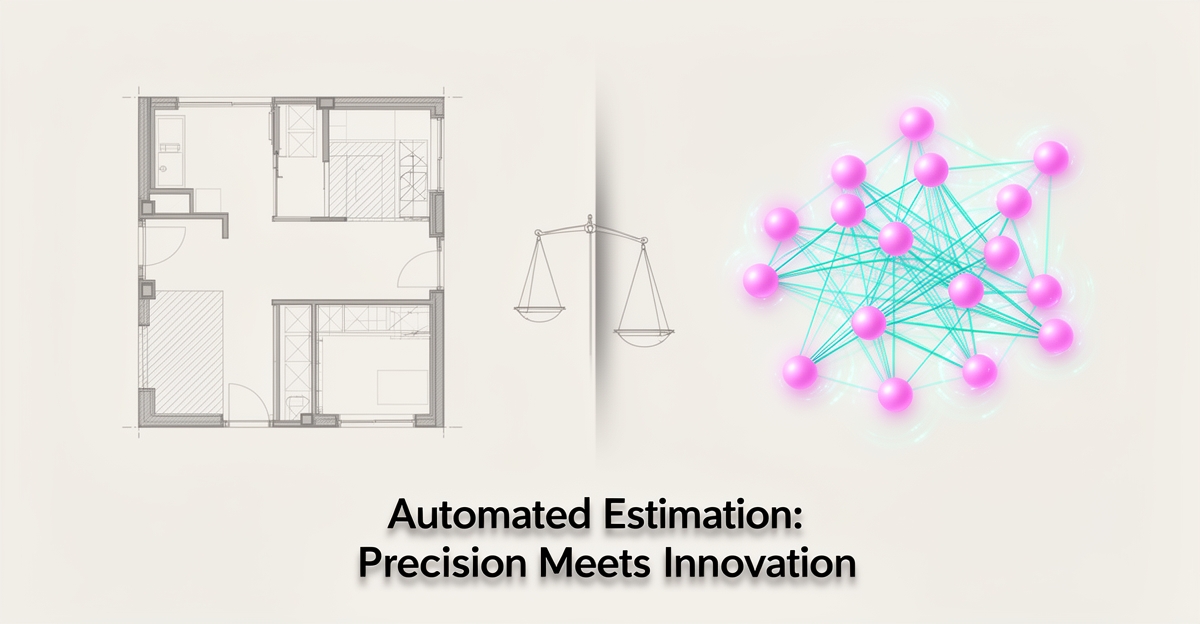 Flat illustration comparing architectural floor plans with an AI network diagram in teal and magenta accents, symbolizing in-house tools versus AI solutions.