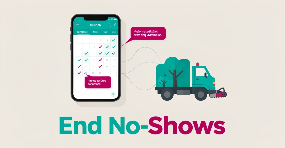 Flat illustration of a smartphone with a scheduling calendar and reminder notifications linked to a tree service truck, headline reading End No-Shows.