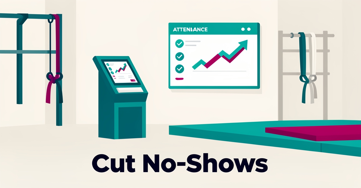 Flat illustration of a dojo check-in kiosk with attendance dashboard in teal and magenta, headline reading Cut No-Shows.