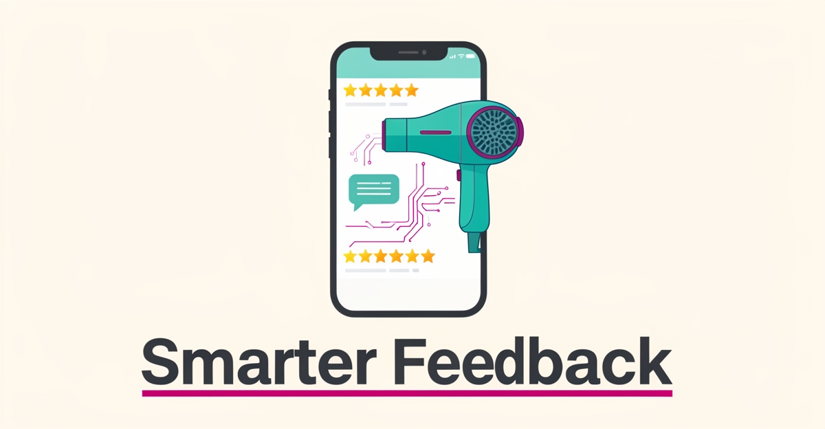 Flat illustration of a phone with AI feedback stars beside salon styling tools, headlined Smarter Feedback.
