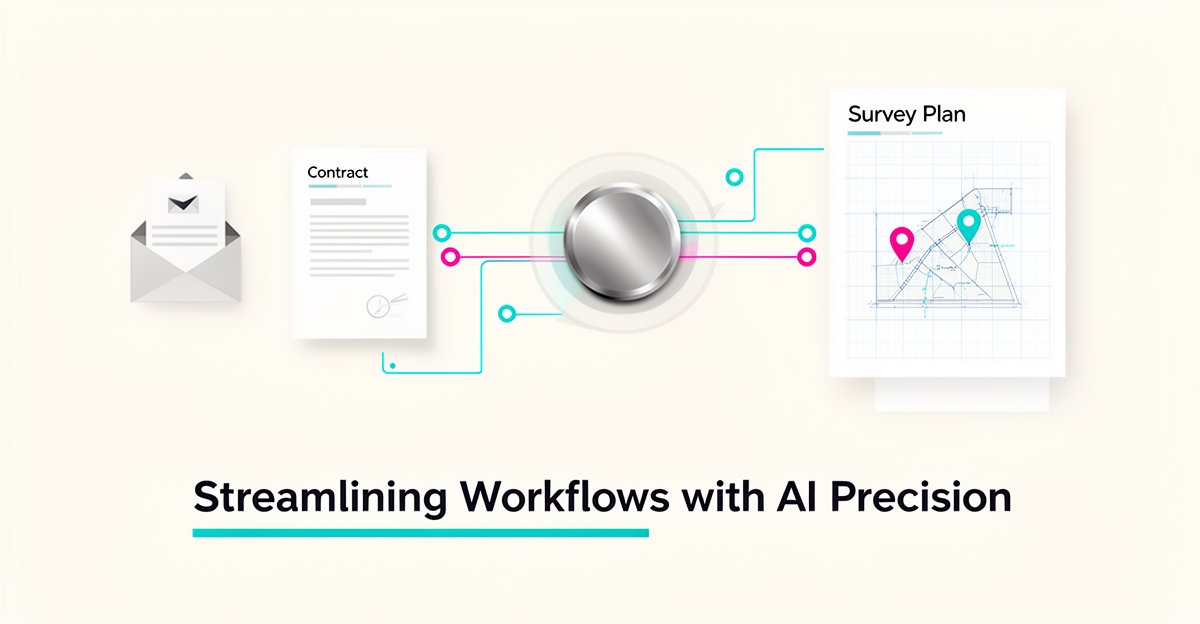 Flat illustration of AI transforming client emails and contracts into an automated survey project plan, accented in teal and magenta.