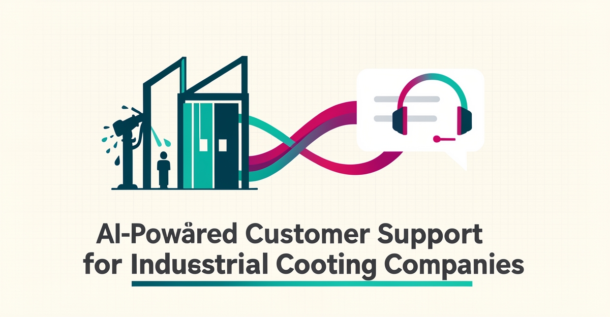 Flat illustration of an industrial coating facility connected to an AI chat interface, symbolizing automated 24/7 customer support for coating companies.