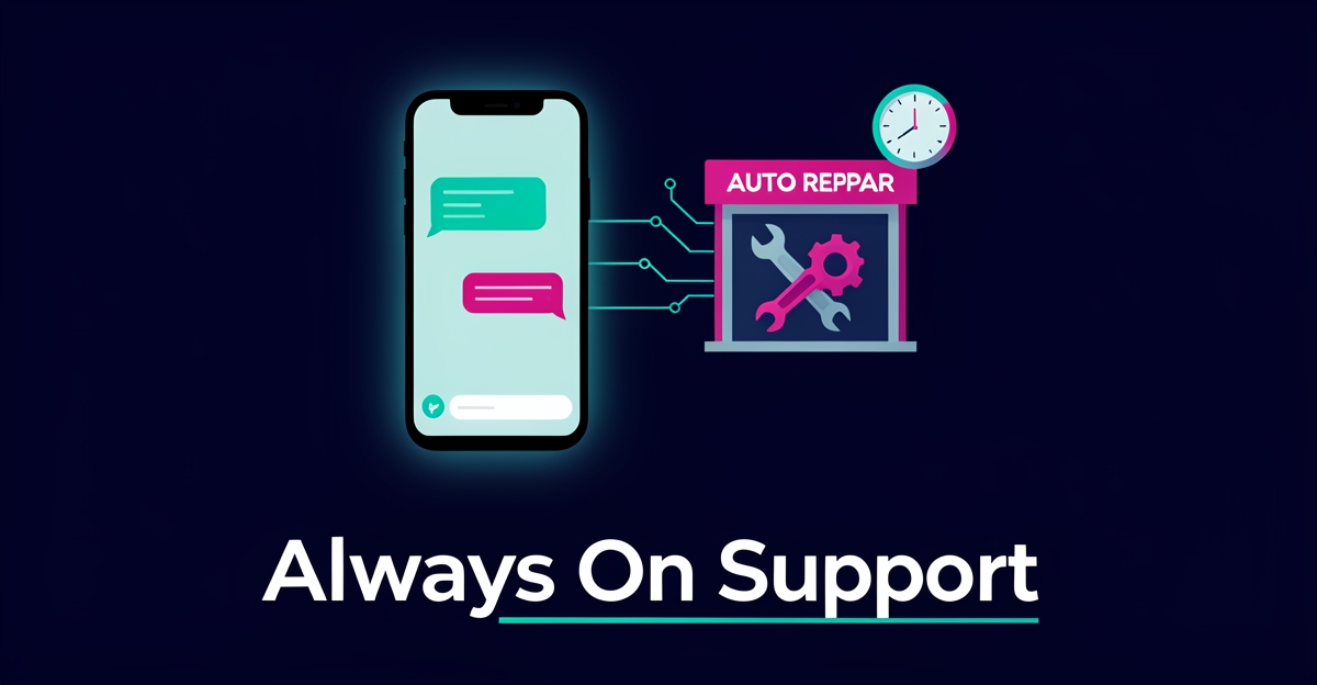 Flat illustration of a smartphone chat interface connected to a repair garage icon, representing 24/7 AI customer support for repair shops.