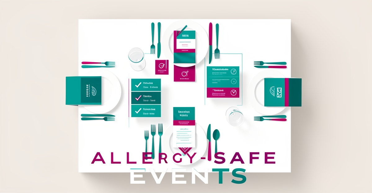 Flat illustration of a catered table with AI validation checkmarks over dietary tags in teal and magenta, headline reading Allergy-Safe Events.