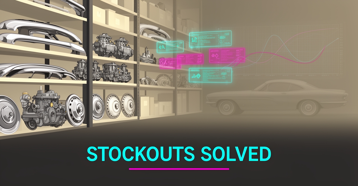 Flat illustration of a classic car parts warehouse with digital AI demand forecasting overlays in teal and magenta, headline reading Stockouts Solved.