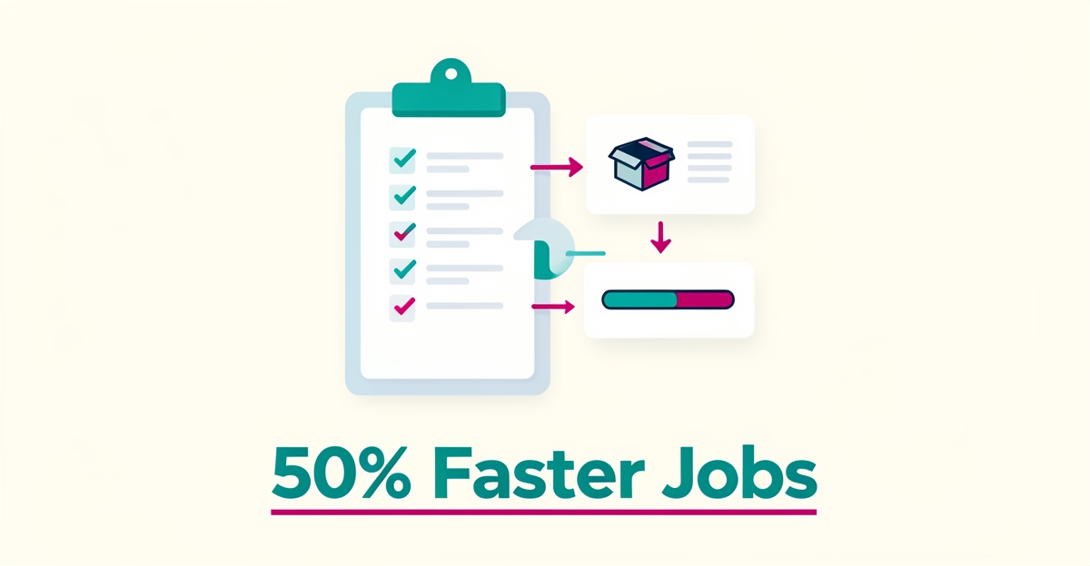 Flat illustration of an AI-powered job tracking dashboard showing automated workflows and a progress bar, with headline 50% Faster Jobs.