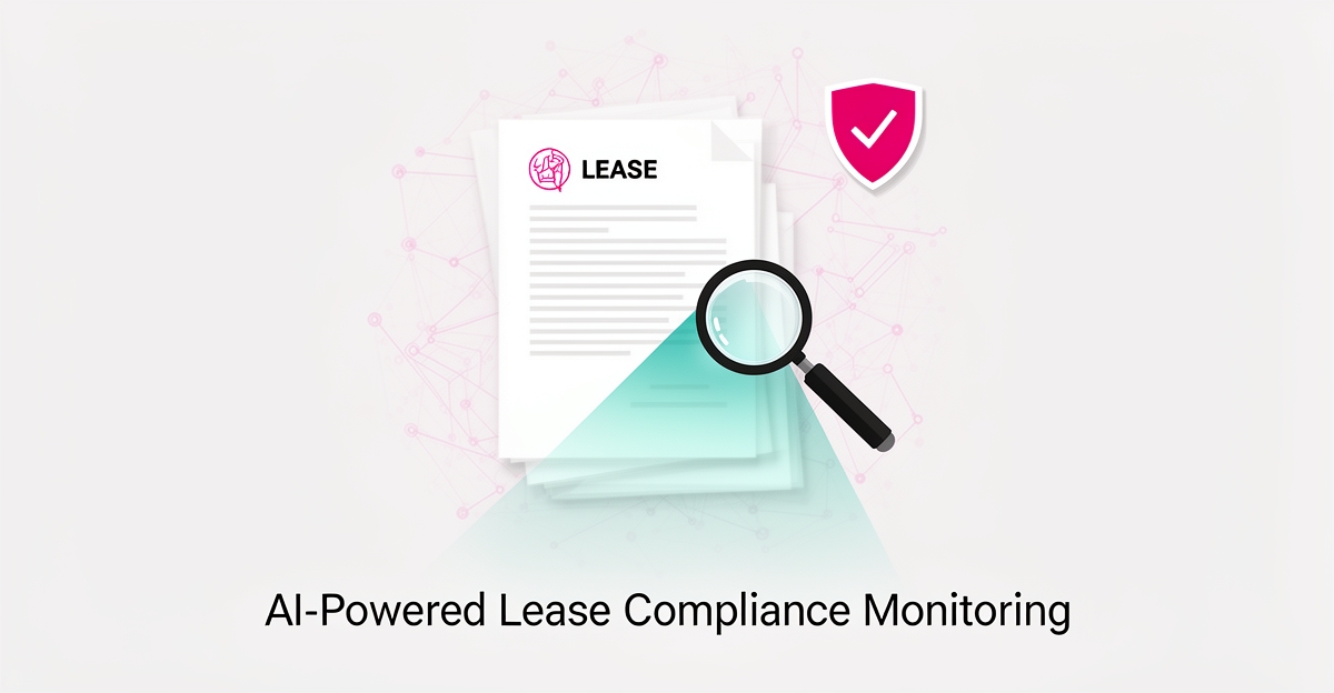 Flat illustration of AI scanning a lease document for compliance with teal and magenta accents and a headline about compliance on autopilot.