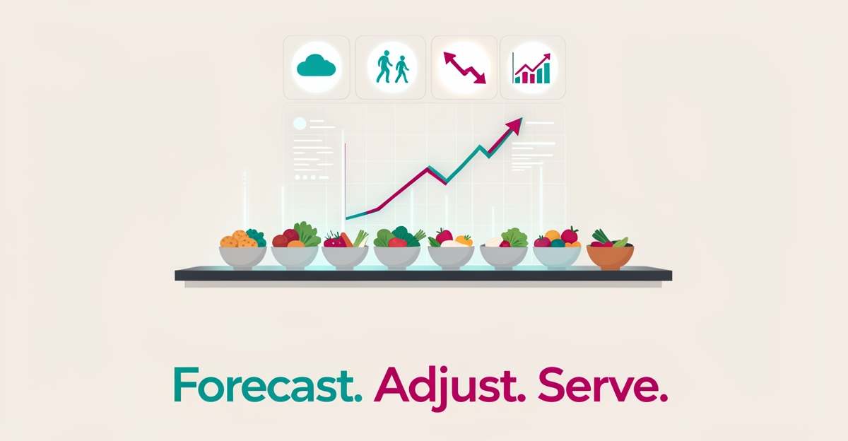 Flat illustration of a food hall counter with fresh ingredients and glowing AI demand-forecast graphics in teal and magenta.