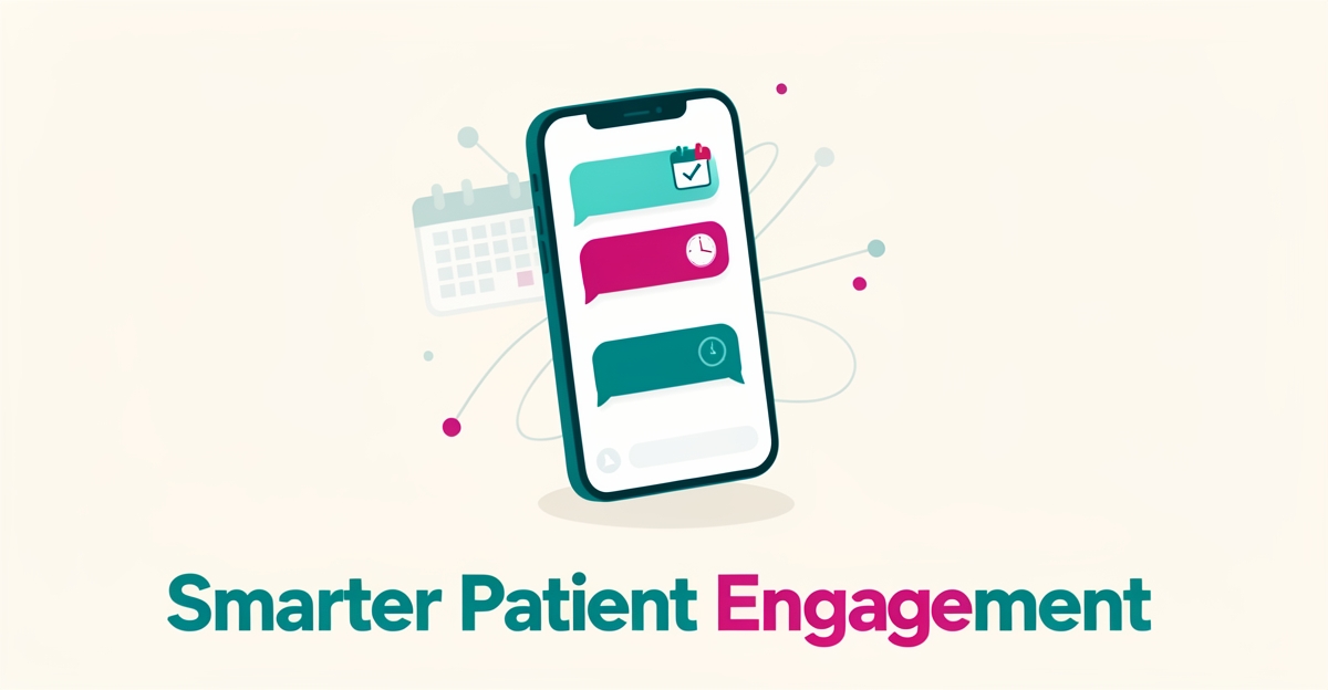 Flat illustration of a smartphone with chat bubbles and calendar icons symbolizing AI-powered patient communication, with a bold headline reading Smarter Patient Engagement.