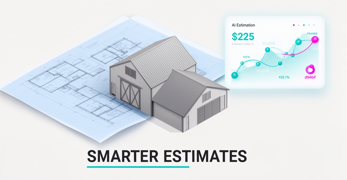 Flat illustration of a barndominium with an AI-powered digital estimation panel, symbolizing accurate transparent project cost quotes.