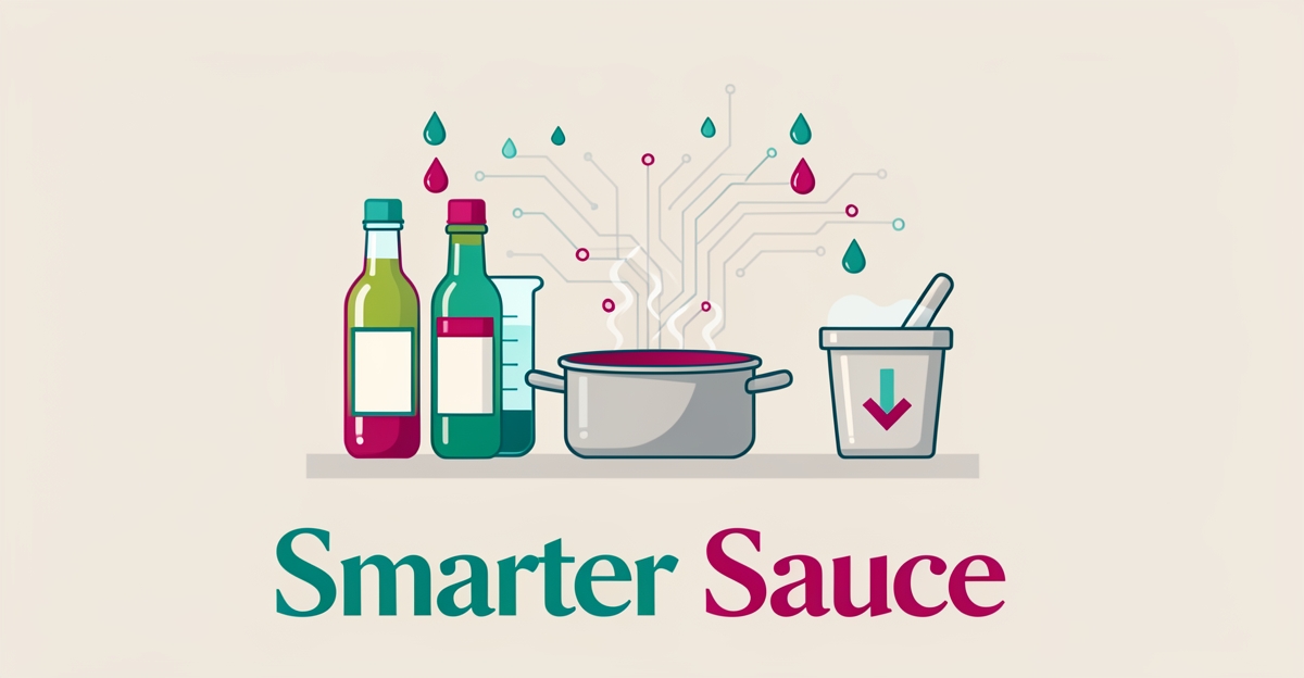 Flat illustration of sauce bottles and a pot linked by AI data lines in teal and magenta with headline Smarter Sauce.
