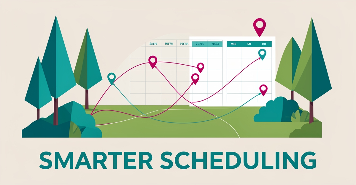Flat illustration of a landscaping job site with digital route lines and calendar icons symbolizing AI-powered scheduling automation.