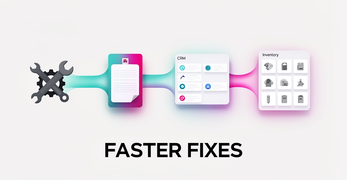 Flat illustration of AI-powered ticketing streamlining a repair shop workflow from service request to CRM and inventory, with the headline Faster Fixes.