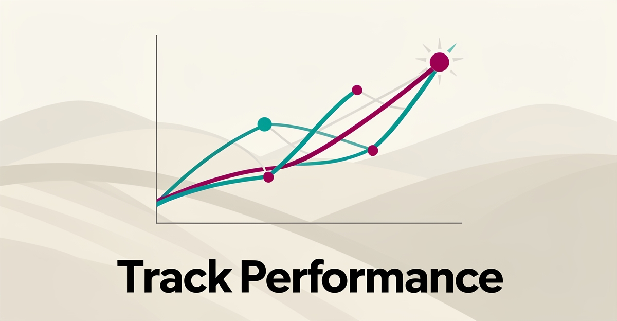 Flat illustration of an AI dashboard tracking a rising performance curve over abstract fertilization fields with teal and magenta accents.