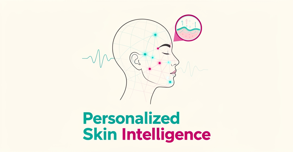 Flat illustration of an AI skin analysis grid scanning a facial profile with teal and magenta accents, personalized care headline.
