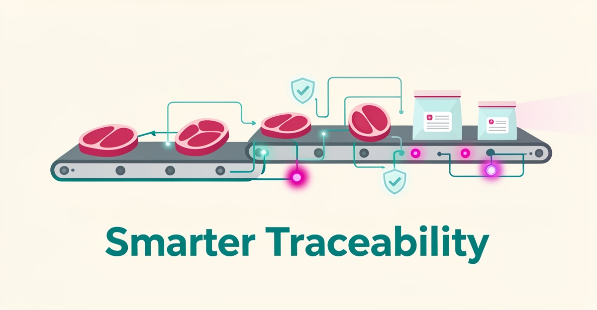 Flat illustration of meat packages on a conveyor linked by teal and magenta data nodes, symbolizing AI-powered batch traceability and compliance.