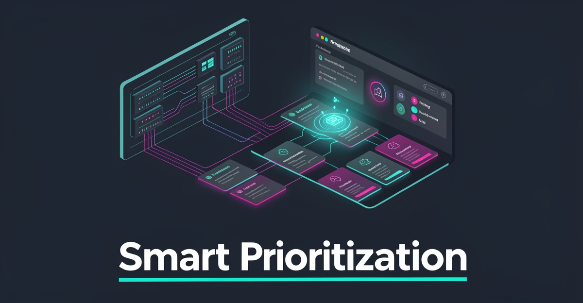 Flat illustration of AI sorting electrical work orders by priority with teal and magenta accents, headline reading Smart Prioritization.
