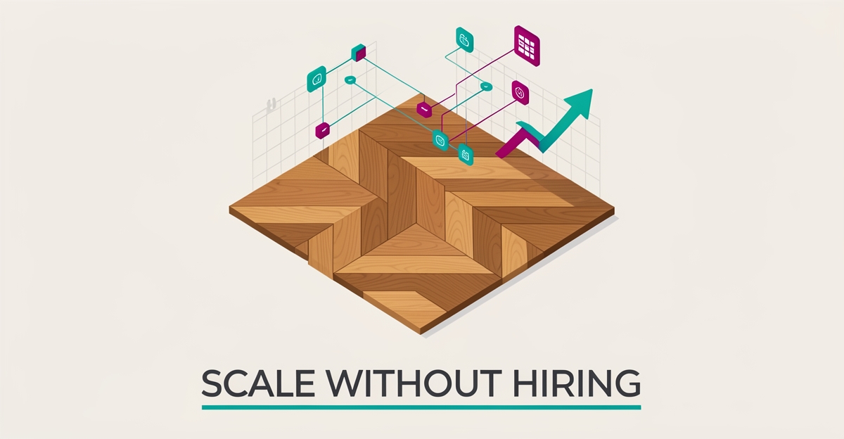 Flat illustration of hardwood flooring planks with AI scheduling nodes and data lines, headline reading Scale Without Hiring.