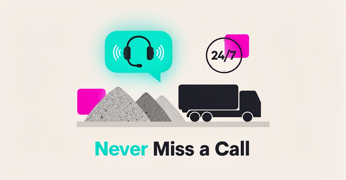 Flat illustration of a 24/7 AI receptionist headset over an aggregate quarry with delivery truck, headline reading Never Miss a Call.