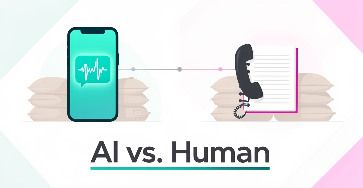 Flat illustration comparing an AI receptionist phone icon and a human sales rep telephone setup for farm feed inquiries, accented in teal and magenta.
