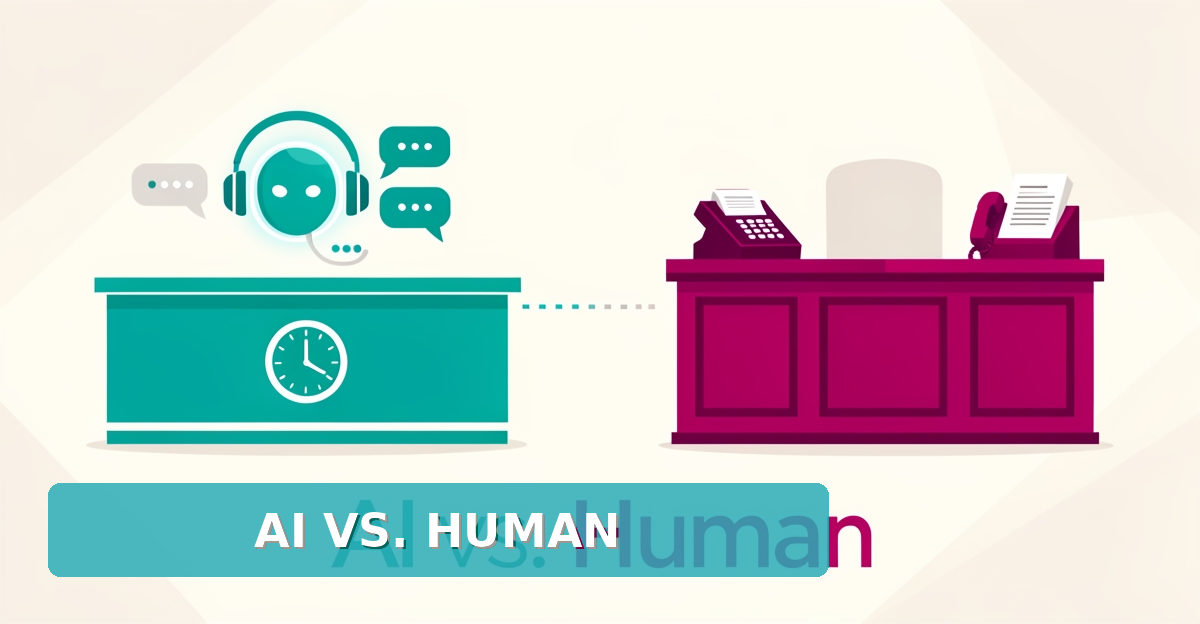 Flat illustration comparing an AI receptionist and a human front desk for real estate licensing schools, with teal and magenta accents.