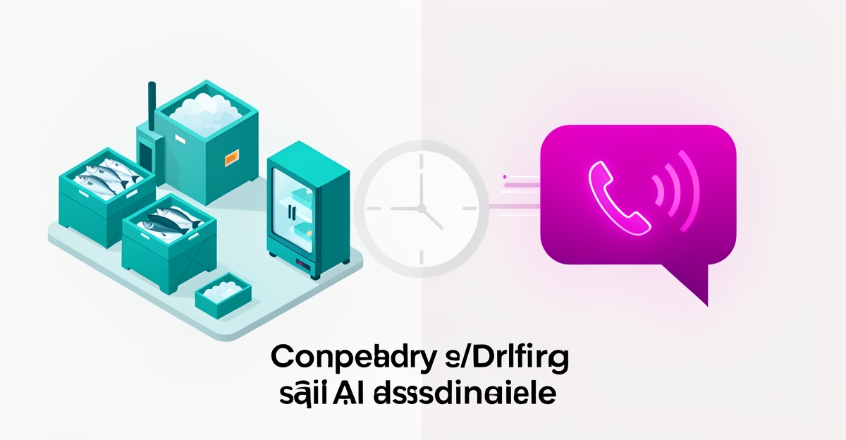 Flat illustration comparing a seafood processing facility with an AI phone assistant, accented in teal and magenta.