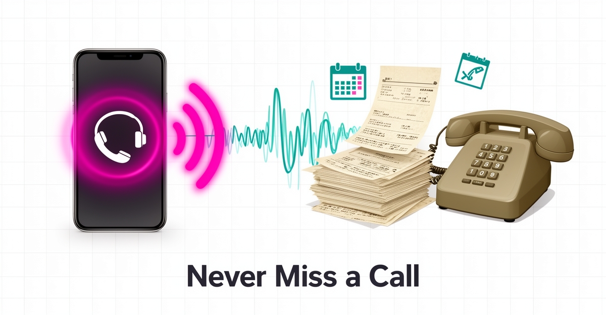 Flat illustration contrasting an AI phone assistant handling call waves with a traditional desk phone and message slips, in teal and magenta accents.