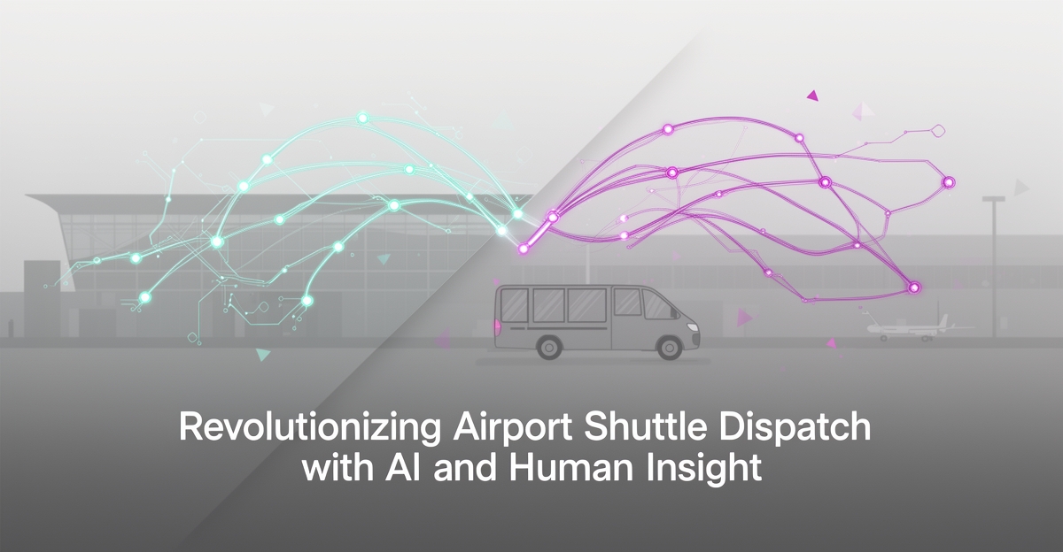 Flat illustration of an airport shuttle with AI-optimized digital route lines in teal and magenta, contrasting automated dispatching with human oversight.