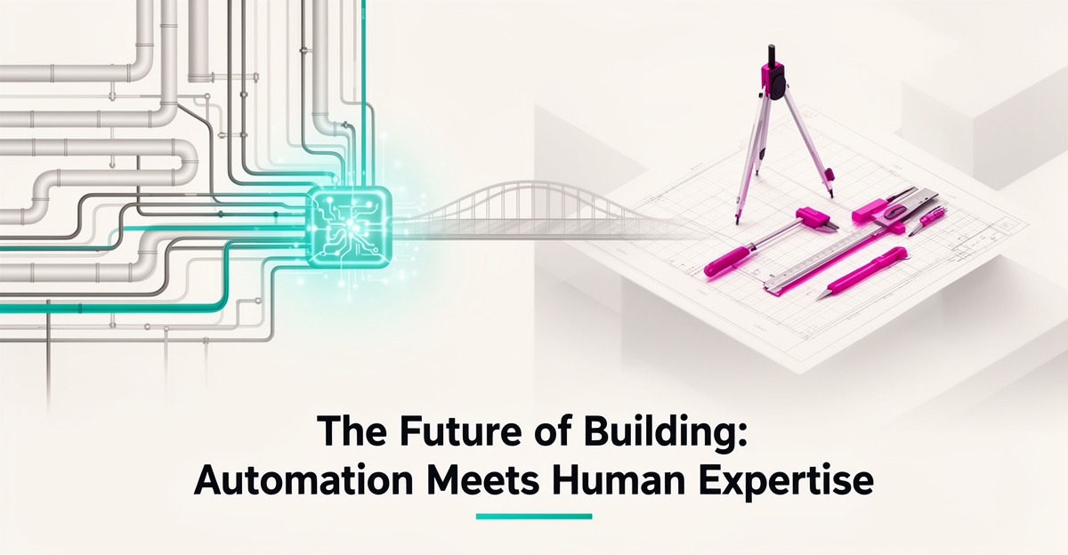 Flat illustration contrasting AI-automated MEP design workflows with human engineering tools, bridged by a hybrid model in teal and magenta accents.