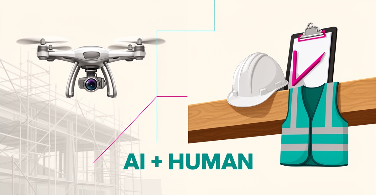 Flat illustration of a construction drone and hard hat with clipboard connected by lines, symbolizing hybrid AI and human site inspection.