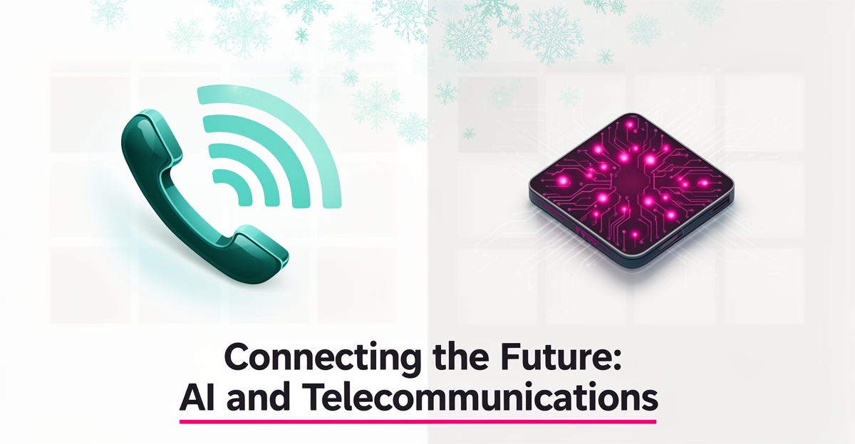 Flat illustration of a telephone and AI chip symbolizing AI handling holiday customer calls, with headline text in the lower third.