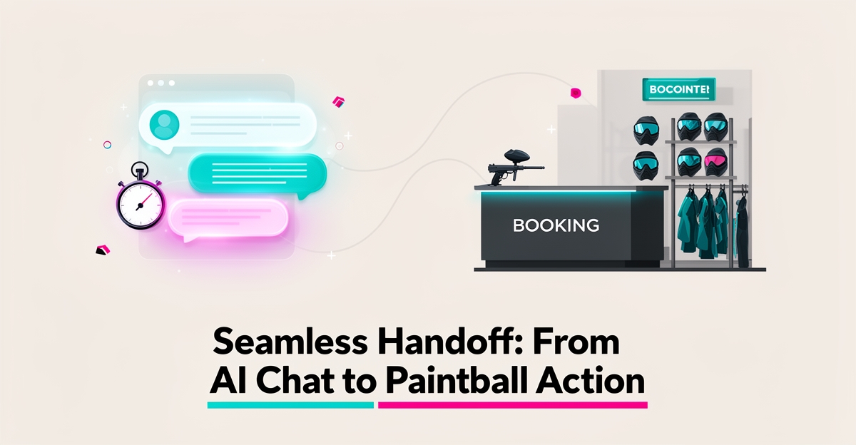 Flat illustration comparing AI chat automation and paintball center service with teal and magenta accents and headline AI vs. Humans.