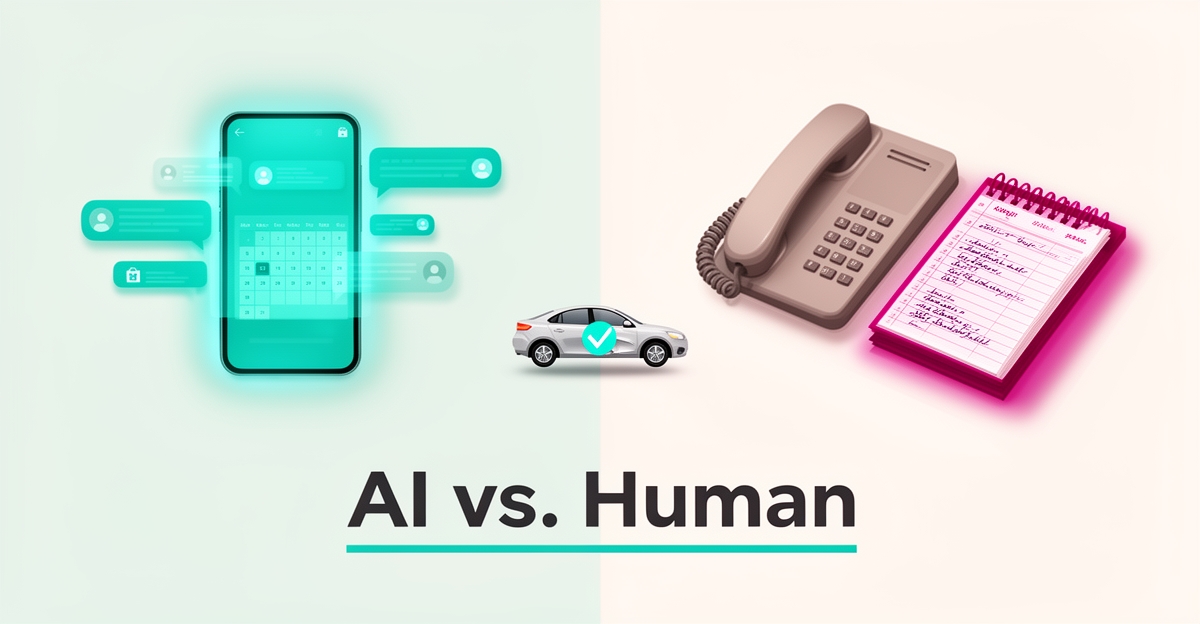 Flat illustration contrasting AI phone automation and human scheduling tools for mobile dent repair appointments.