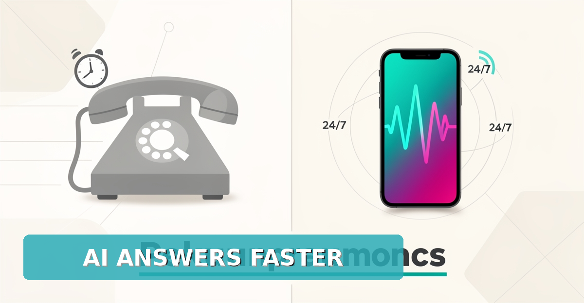 Flat illustration comparing a slow landline phone to a fast AI-powered smartphone with teal and magenta accents, headline reading AI Answers Faster.