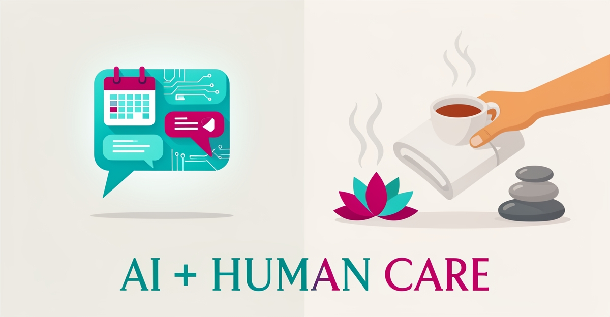 Flat illustration contrasting AI chat automation and human wellness lounge hospitality in teal and magenta with headline AI plus Human Care.
