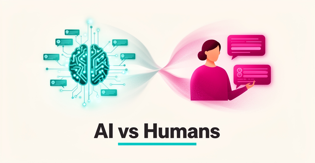 Flat illustration contrasting an AI assistant node and a faceless human figure handling customer inquiries, with the headline AI vs Humans.