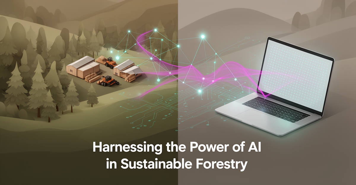 Flat illustration of a rural timber forest connected by teal and magenta AI network lines to a digital operations hub, with headline AI Meets Timber.