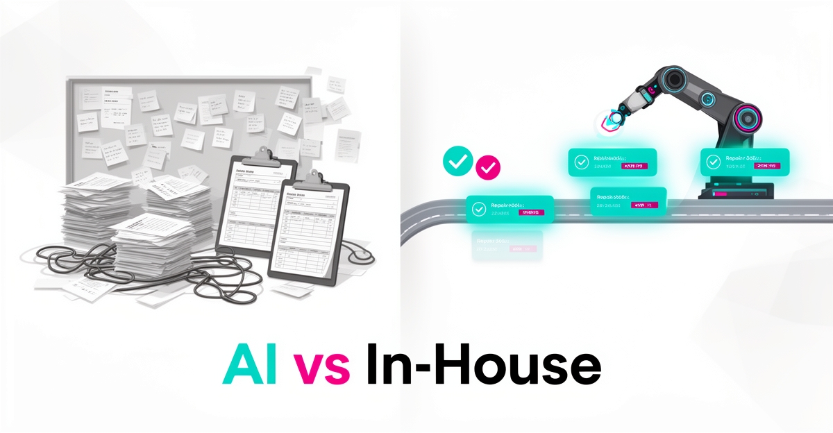 Flat illustration comparing messy manual repair job tracking with a streamlined AI-powered digital dashboard in teal and magenta.