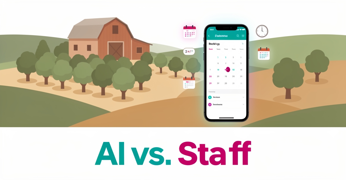 Flat illustration of a smartphone booking calendar glowing with teal and magenta accents in front of a small agritourism farm, headline reading AI vs. Staff.
