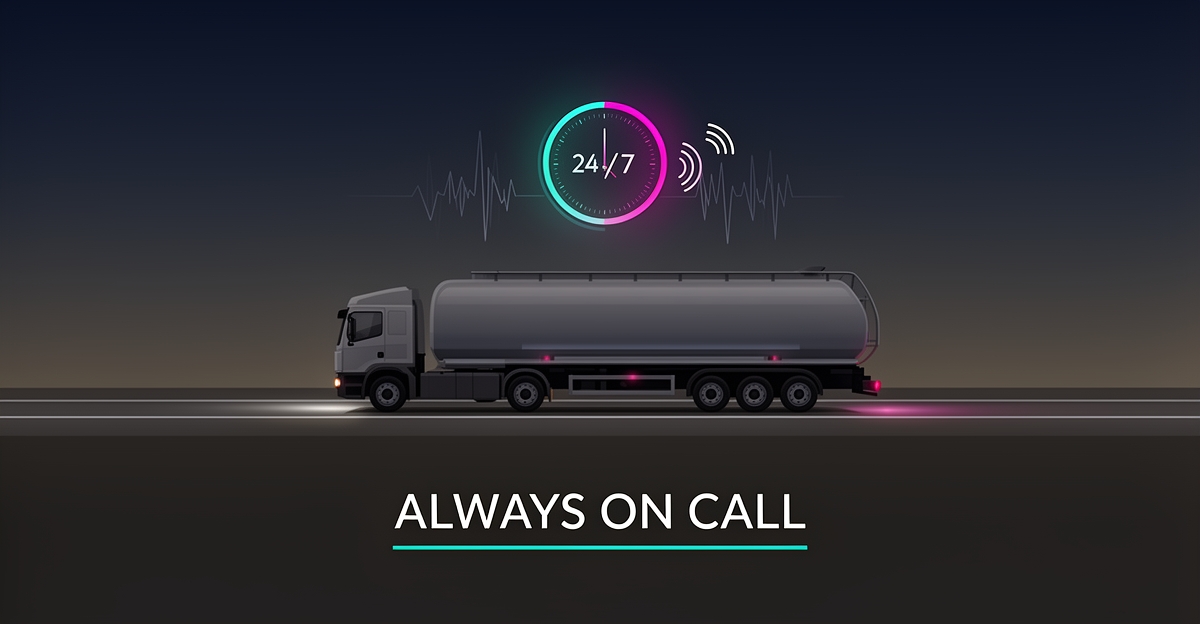 Flat illustration of a tanker truck on a highway under a glowing 24/7 clock motif with teal and magenta accents, headlined Always On Call.