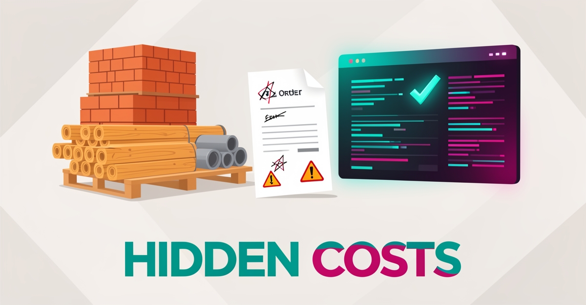 Flat illustration of building materials and paper order forms transforming into automated digital data streams, with the headline Hidden Costs.