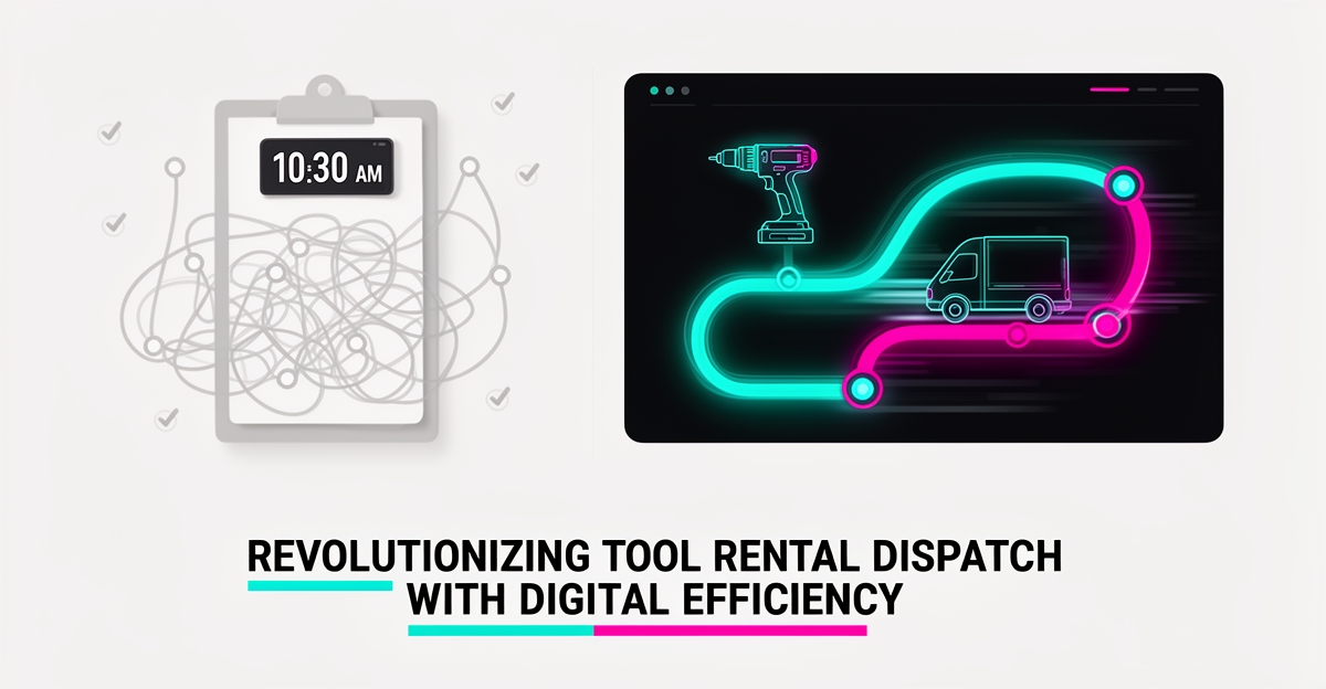 Flat illustration comparing manual clipboard dispatch with an AI-powered dashboard routing a power tool rental delivery van in teal and magenta.