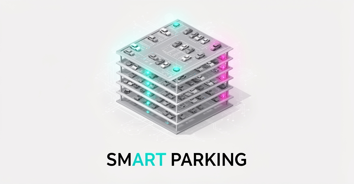 Isometric flat illustration of a smart parking garage with teal and magenta AI data connections, headlined Smart Parking.