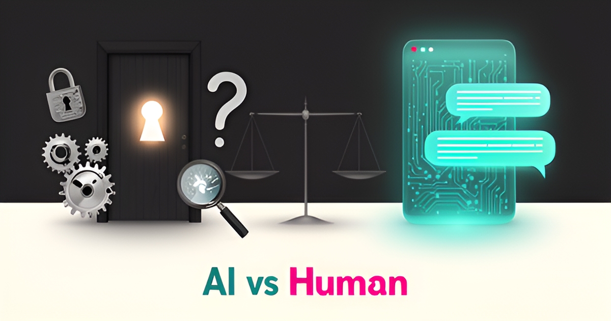 Flat illustration of an escape room door with puzzle elements beside an AI chat interface, symbolizing AI versus human guest communication.