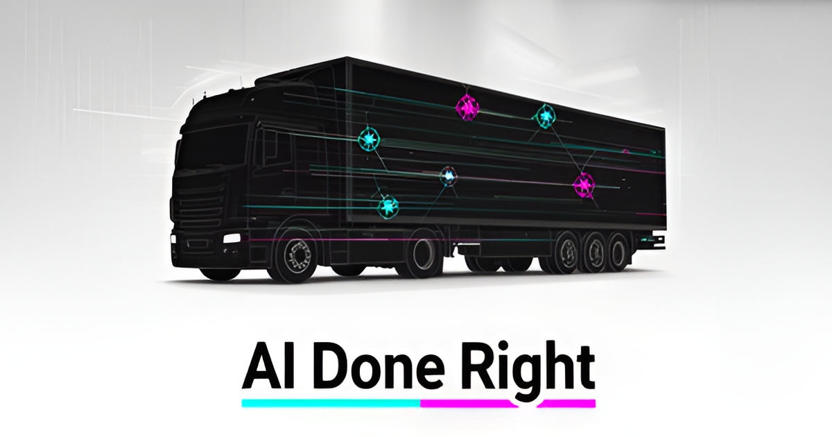 Flat illustration of a semi truck in a service bay with AI scan lines and teal and magenta accents, headlined AI Done Right.